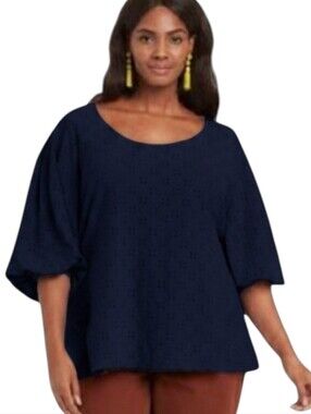 Ava & Viv Navy Eyelet Scoop-Neck Puff Sleeve Top In Navy Size 1X
